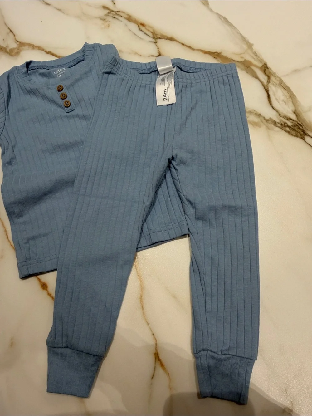 Carter's Light Blue Ribbed Short-Sleeve Pajama Set with Button Henley 24m - Picture 5 of 5